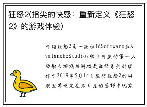 狂怒2(指尖的快感：重新定义《狂怒2》的游戏体验)